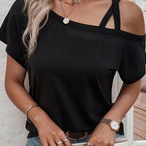 Off Shoulder with Straps Short Sleeve Black Tee Shoulder